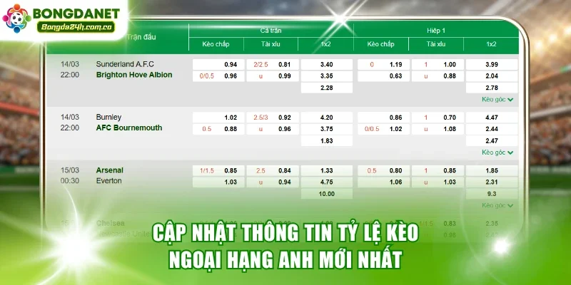 Cập nhật thông tin tỷ lệ kèo Ngoại Hạng Anh mới nhất