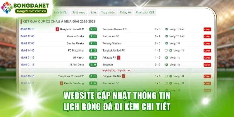 Website cập nhật thông tin lịch bóng đá đi kèm chi tiết